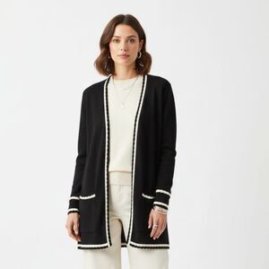 San Remo Women's Vintage Black & White Open Front Knit Cardigan Sweater L